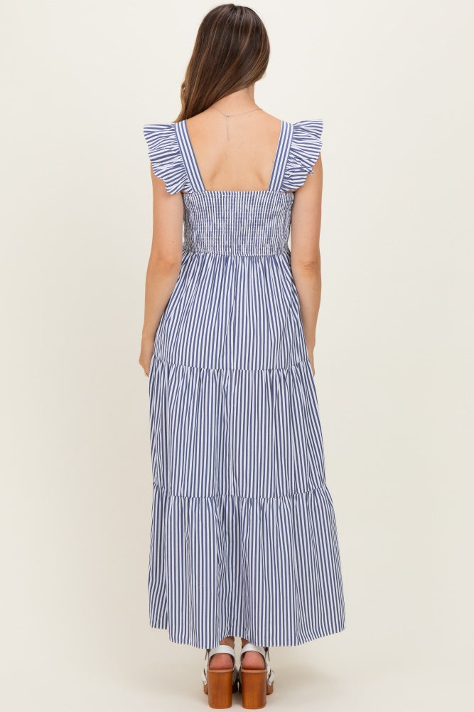 Navy Striped Ruffle Strap Smocked Maternity Maxi Dress