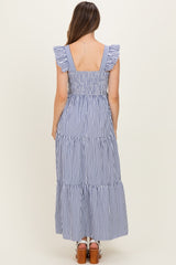 Navy Striped Ruffle Strap Smocked Maternity Maxi Dress
