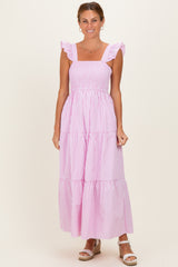 Pink Striped Ruffle Strap Smocked Maxi Dress
