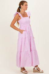 Pink Striped Ruffle Strap Smocked Maxi Dress