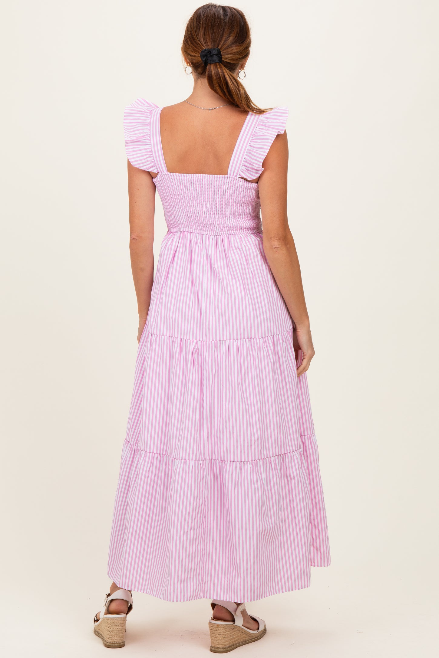 Pink Striped Ruffle Strap Smocked Maxi Dress