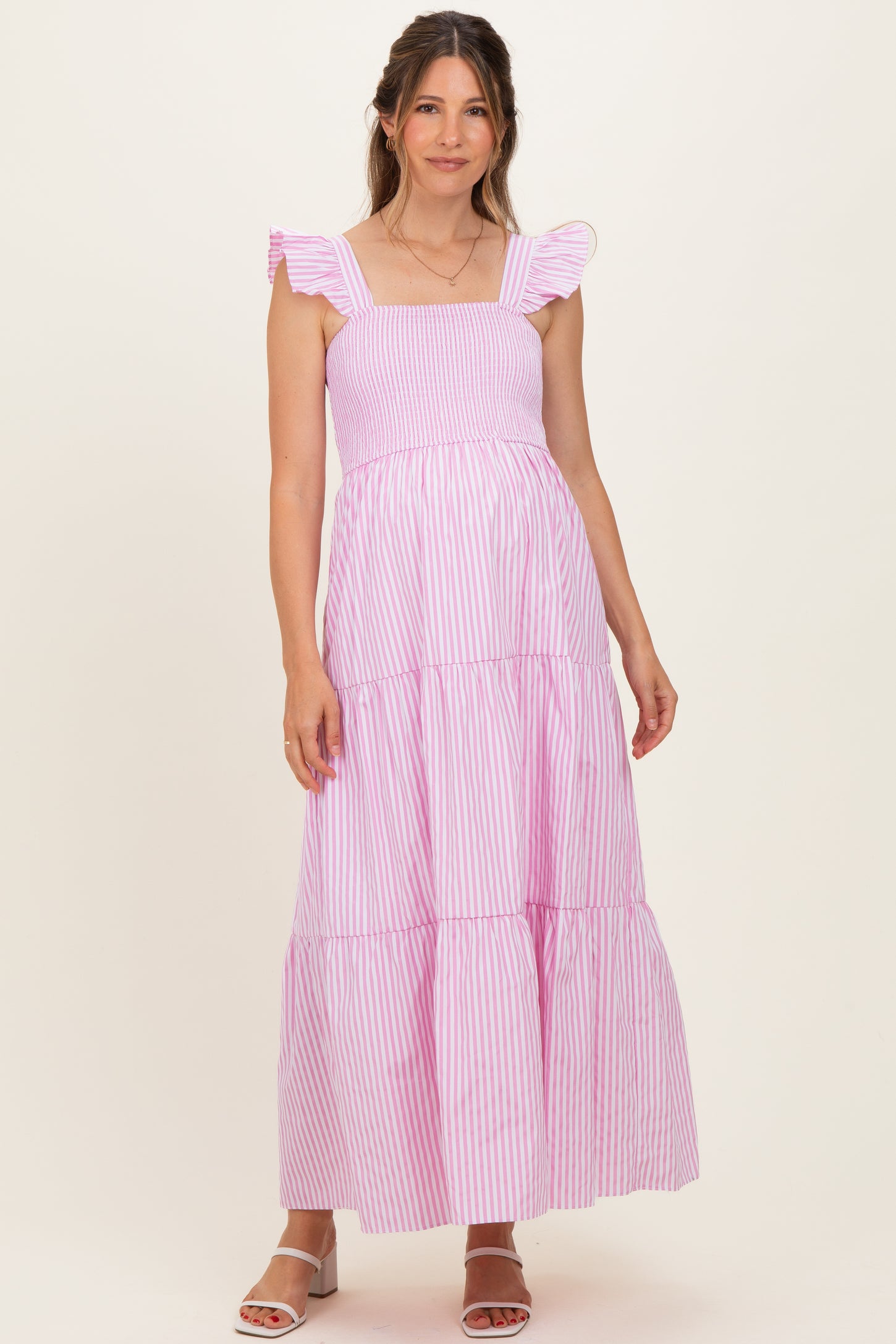 Pink Striped Ruffle Strap Smocked Maternity Maxi Dress