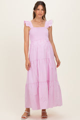 Pink Striped Ruffle Strap Smocked Maternity Maxi Dress