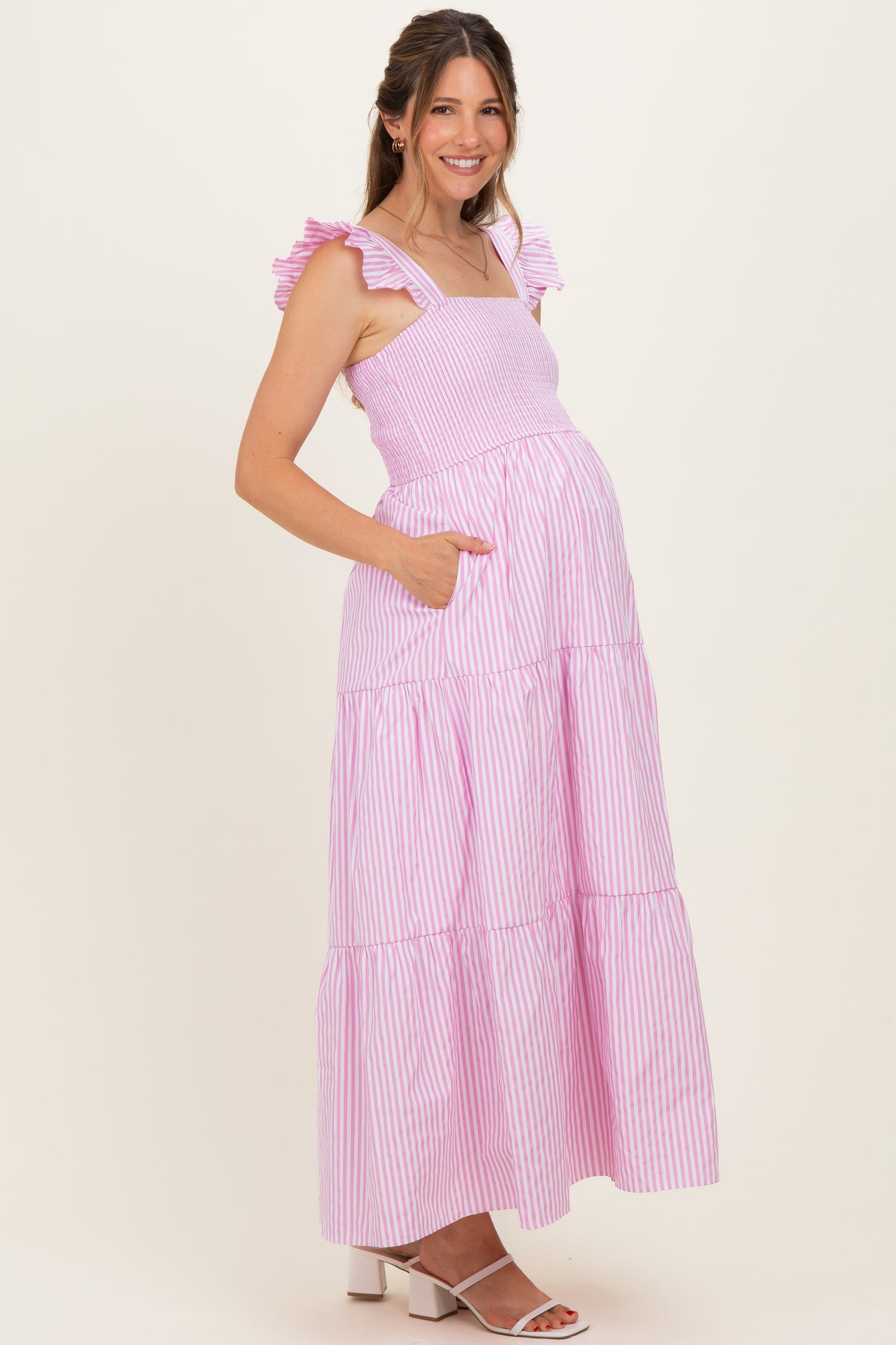 Pink Striped Ruffle Strap Smocked Maternity Maxi Dress