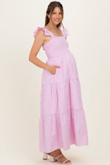 Pink Striped Ruffle Strap Smocked Maternity Maxi Dress