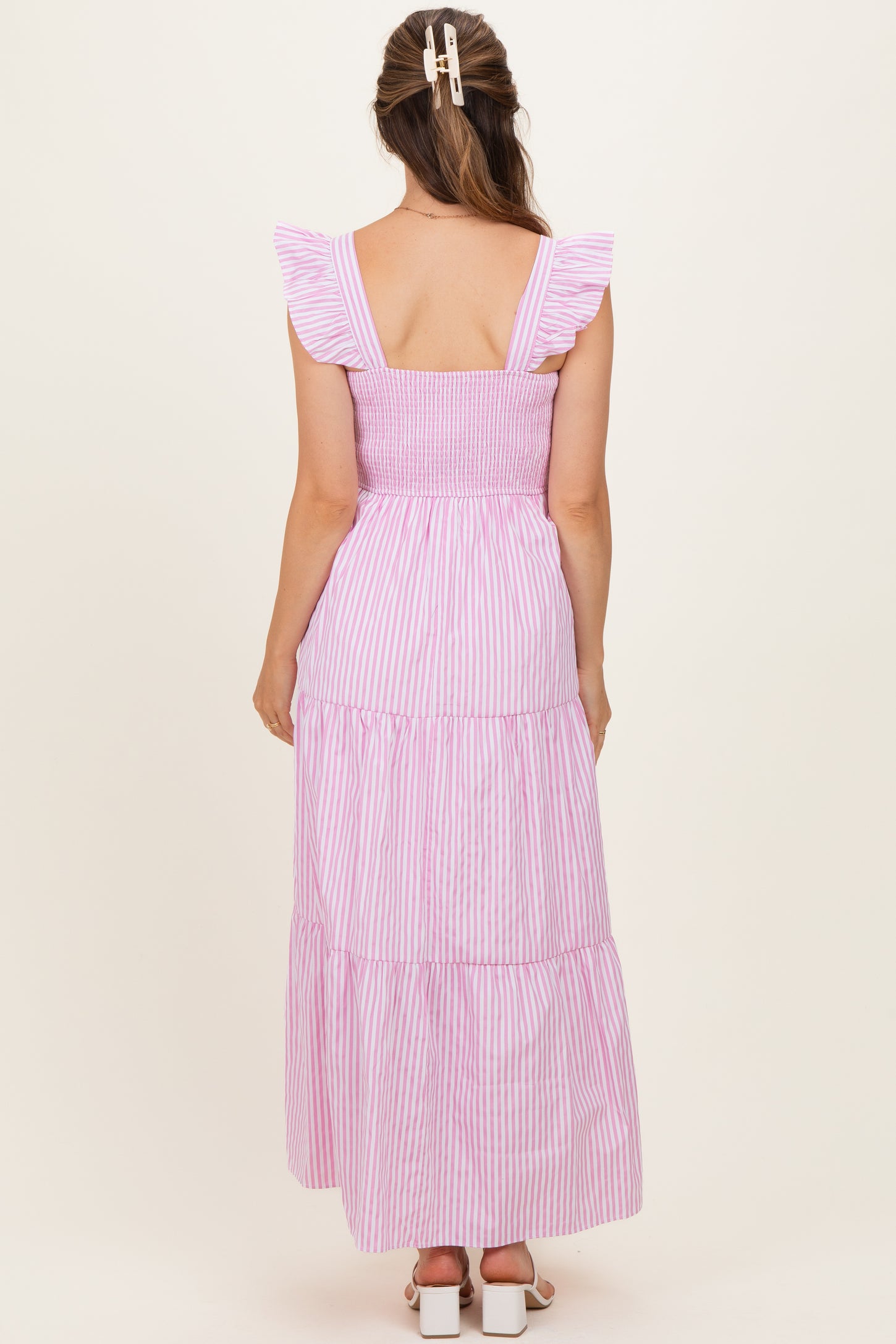 Pink Striped Ruffle Strap Smocked Maternity Maxi Dress
