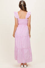 Pink Striped Ruffle Strap Smocked Maternity Maxi Dress
