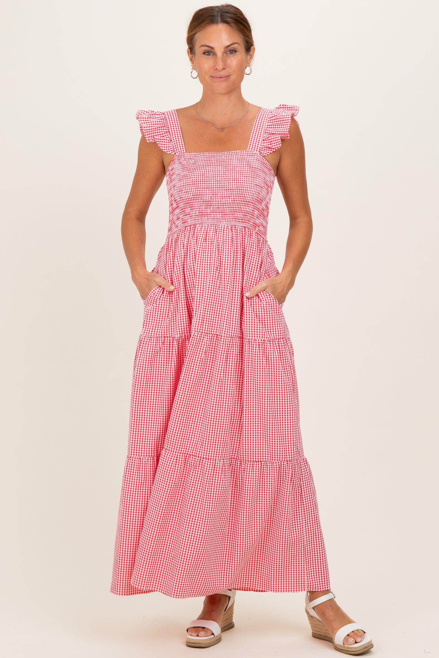 Red Gingham Ruffle Strap Smocked Maxi Dress