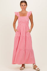 Red Gingham Ruffle Strap Smocked Maxi Dress