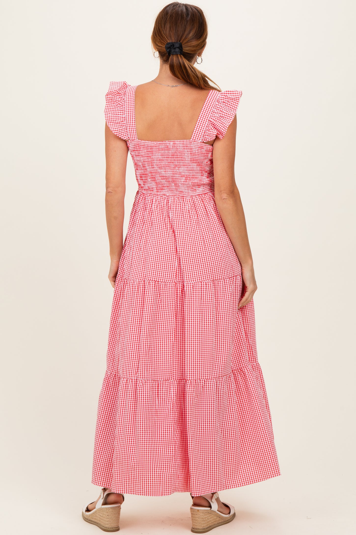 Red Gingham Ruffle Strap Smocked Maxi Dress