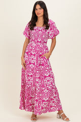 Fuchsia Printed Puff Sleeve Smocked Maternity Maxi Dress