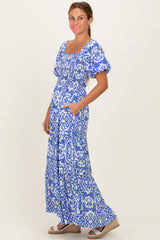 Royal Blue Printed Puff Sleeve Smocked Maxi Dress