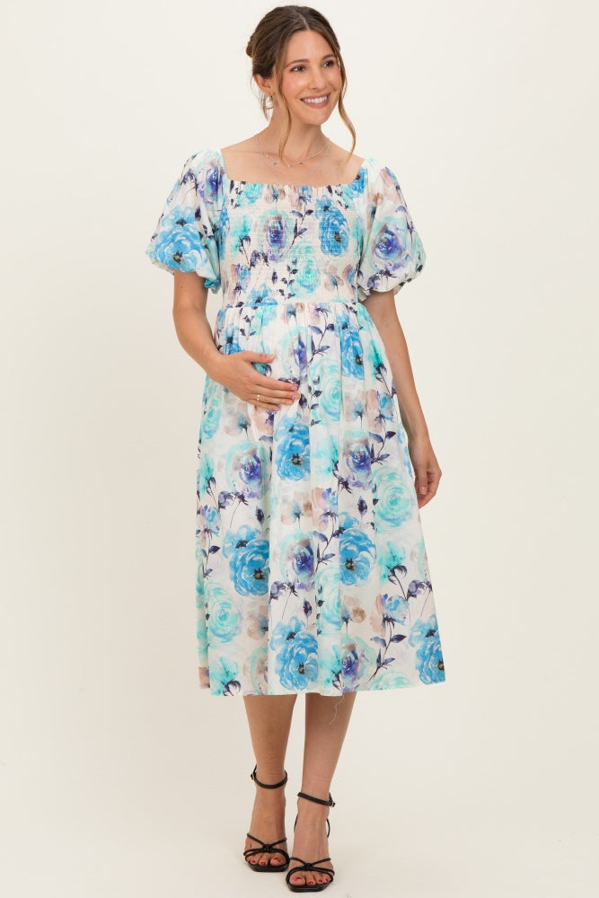Blue Floral Smocked Puff Sleeve Maternity Midi Dress