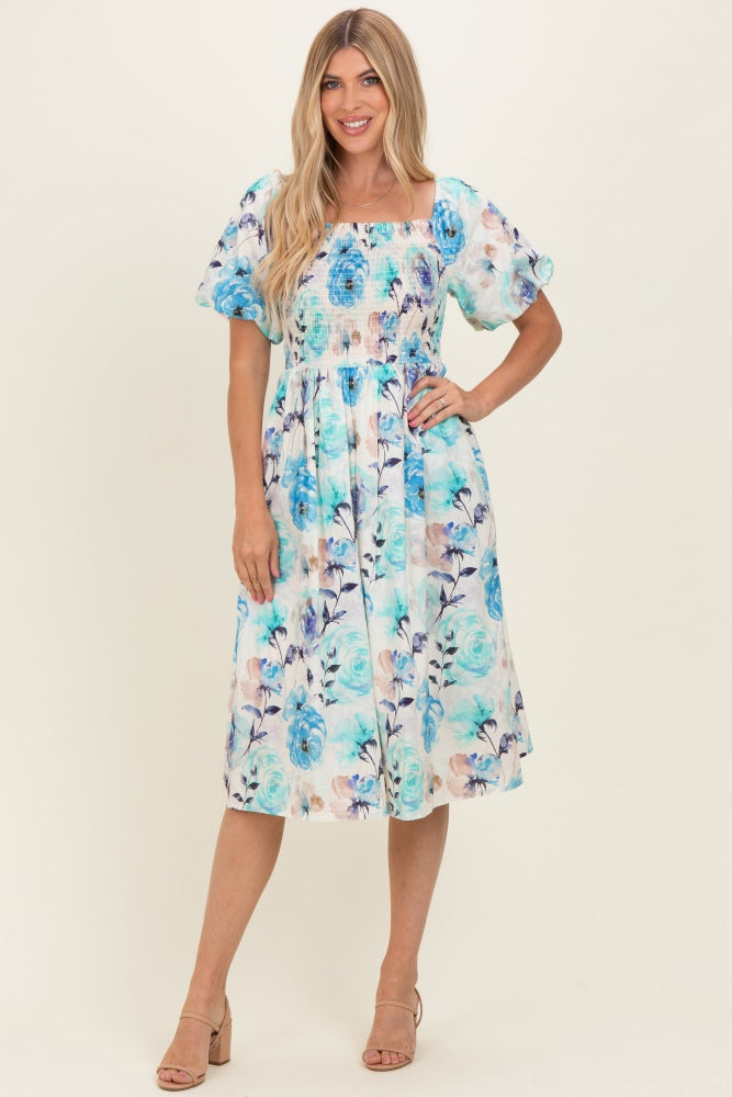 Blue Floral Smocked Puff Sleeve Maternity Midi Dress