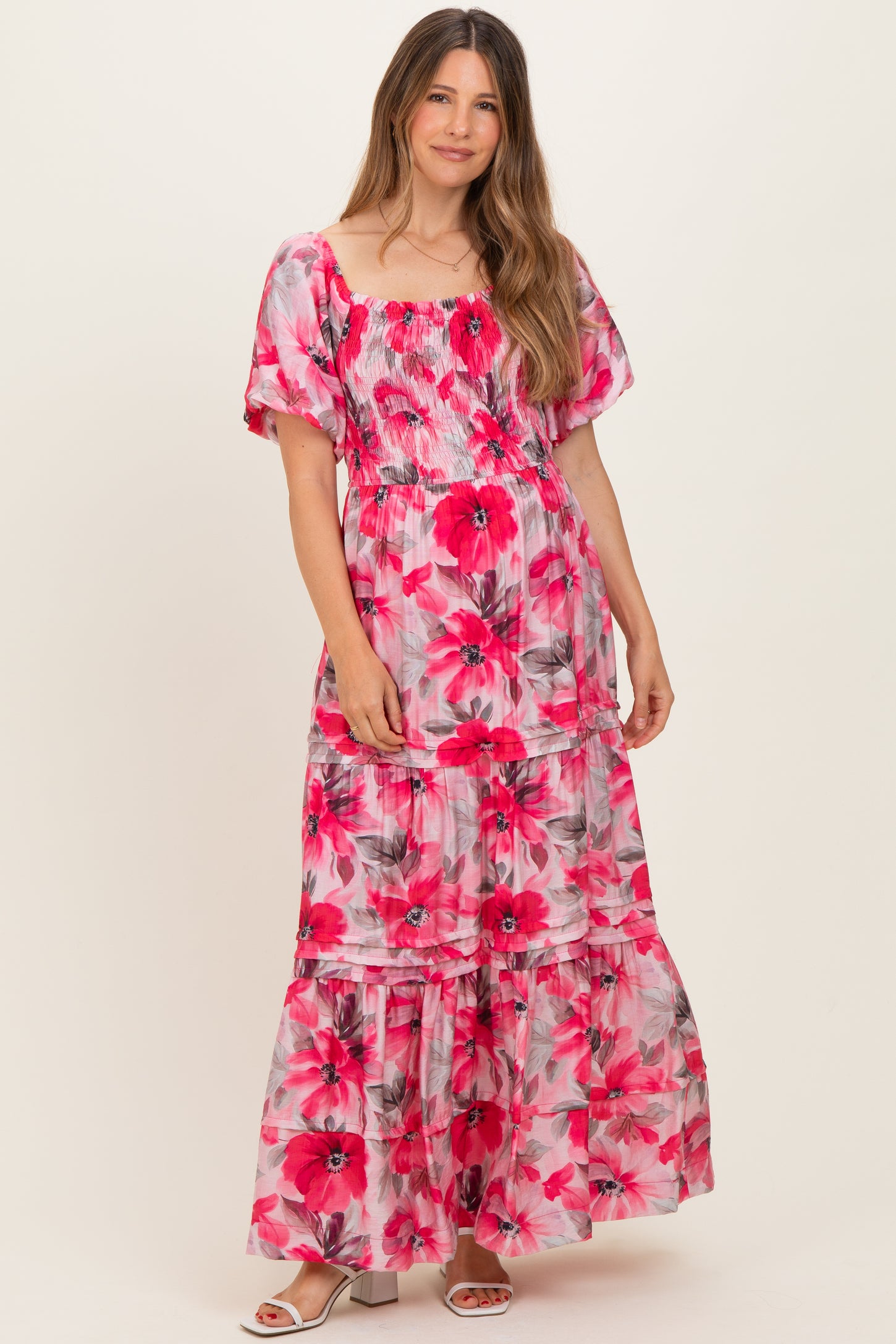 Fuchsia Floral Smocked Tiered Maternity Maxi Dress