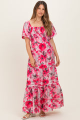 Fuchsia Floral Smocked Tiered Maternity Maxi Dress