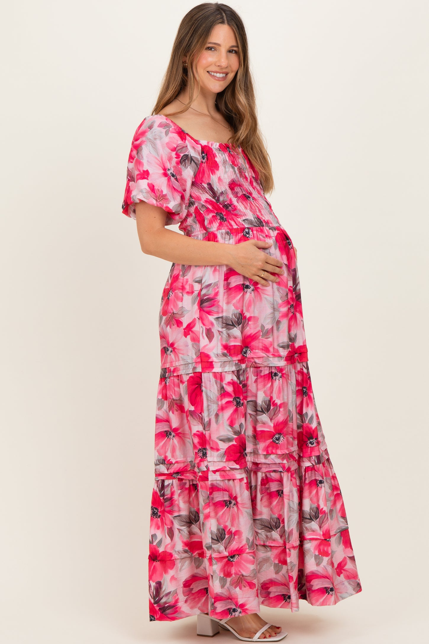 Fuchsia Floral Smocked Tiered Maternity Maxi Dress
