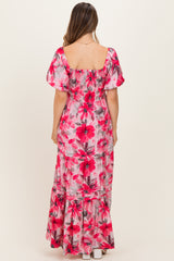 Fuchsia Floral Smocked Tiered Maternity Maxi Dress