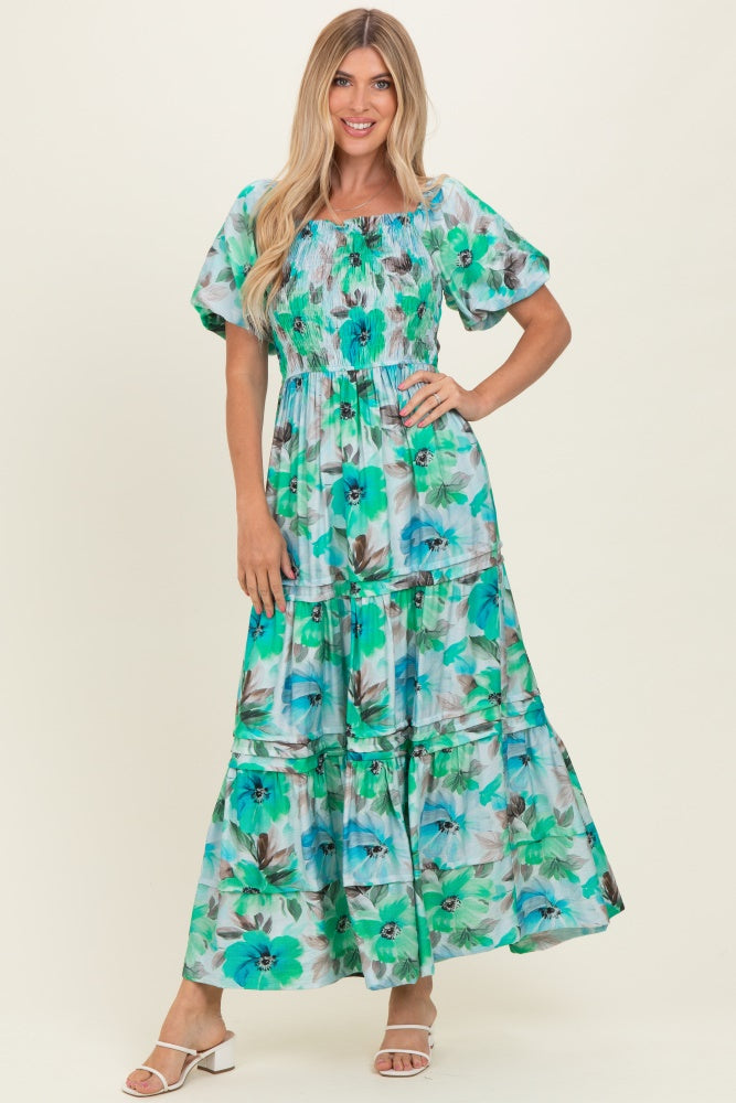 Emerald Green Floral Smocked Tiered Maternity Maxi Dress