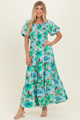 Emerald Green Floral Smocked Tiered Maternity Maxi Dress