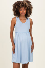 Light Blue Ribbed Sleeveless Lettuce Trim Maternity Mini Dress
