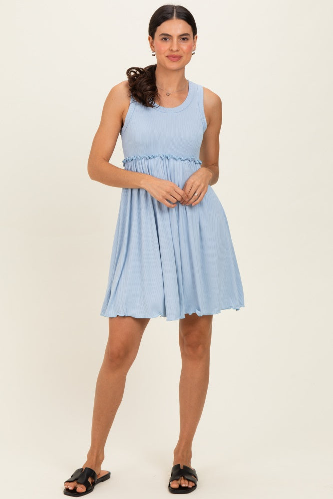 Light Blue Ribbed Sleeveless Lettuce Trim Mini Dress