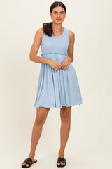 Light Blue Ribbed Sleeveless Lettuce Trim Mini Dress