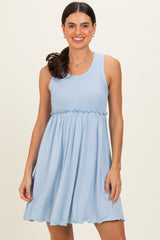 Light Blue Ribbed Sleeveless Lettuce Trim Mini Dress