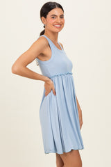 Light Blue Ribbed Sleeveless Lettuce Trim Mini Dress