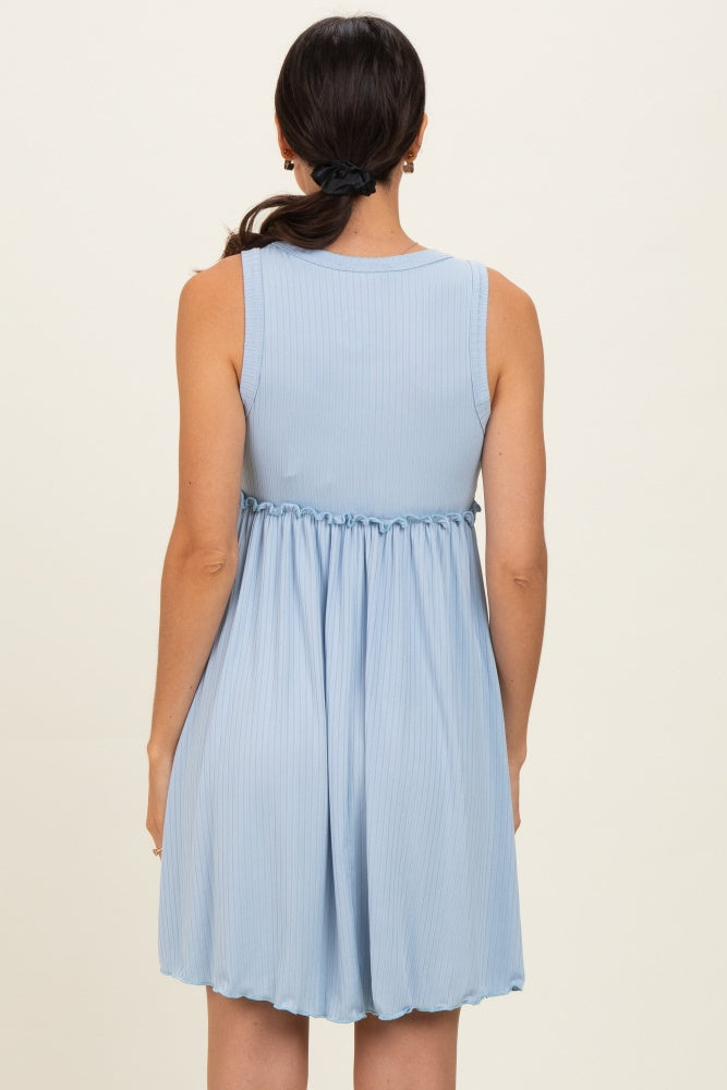 Light Blue Ribbed Sleeveless Lettuce Trim Mini Dress