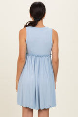 Light Blue Ribbed Sleeveless Lettuce Trim Mini Dress