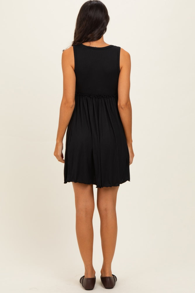 Black Ribbed Sleeveless Lettuce Trim Mini Dress