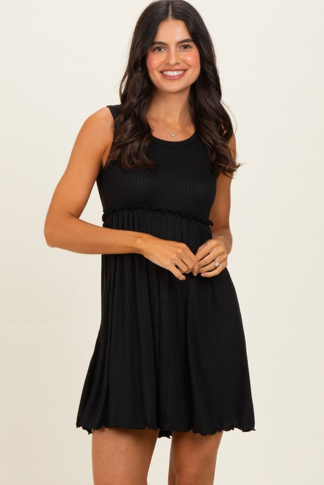 Black Ribbed Sleeveless Lettuce Trim Mini Dress