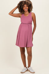 Mauve Ribbed Sleeveless Lettuce Trim Maternity Mini Dress
