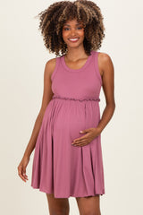 Mauve Ribbed Sleeveless Lettuce Trim Maternity Mini Dress