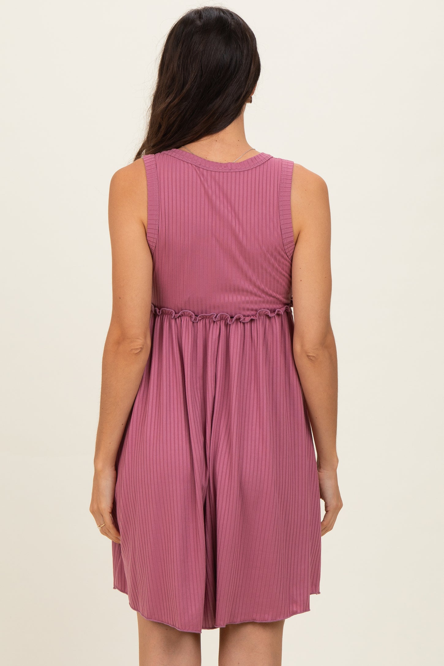 Mauve Ribbed Sleeveless Lettuce Trim Mini Dress