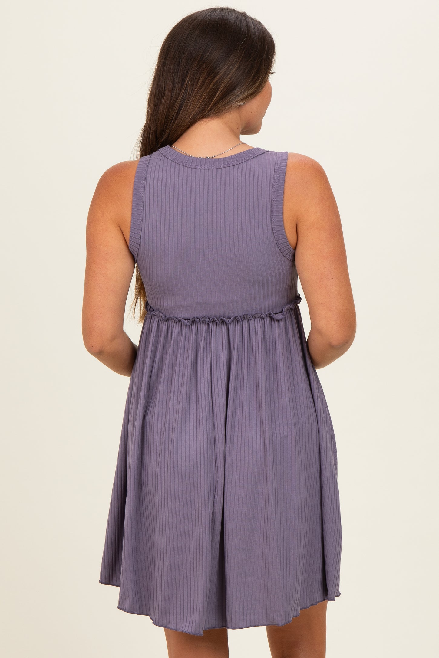 Lavender Ribbed Sleeveless Lettuce Trim Maternity Mini Dress