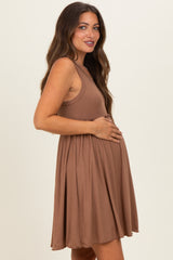 Mocha Ribbed Sleeveless Lettuce Trim Maternity Mini Dress