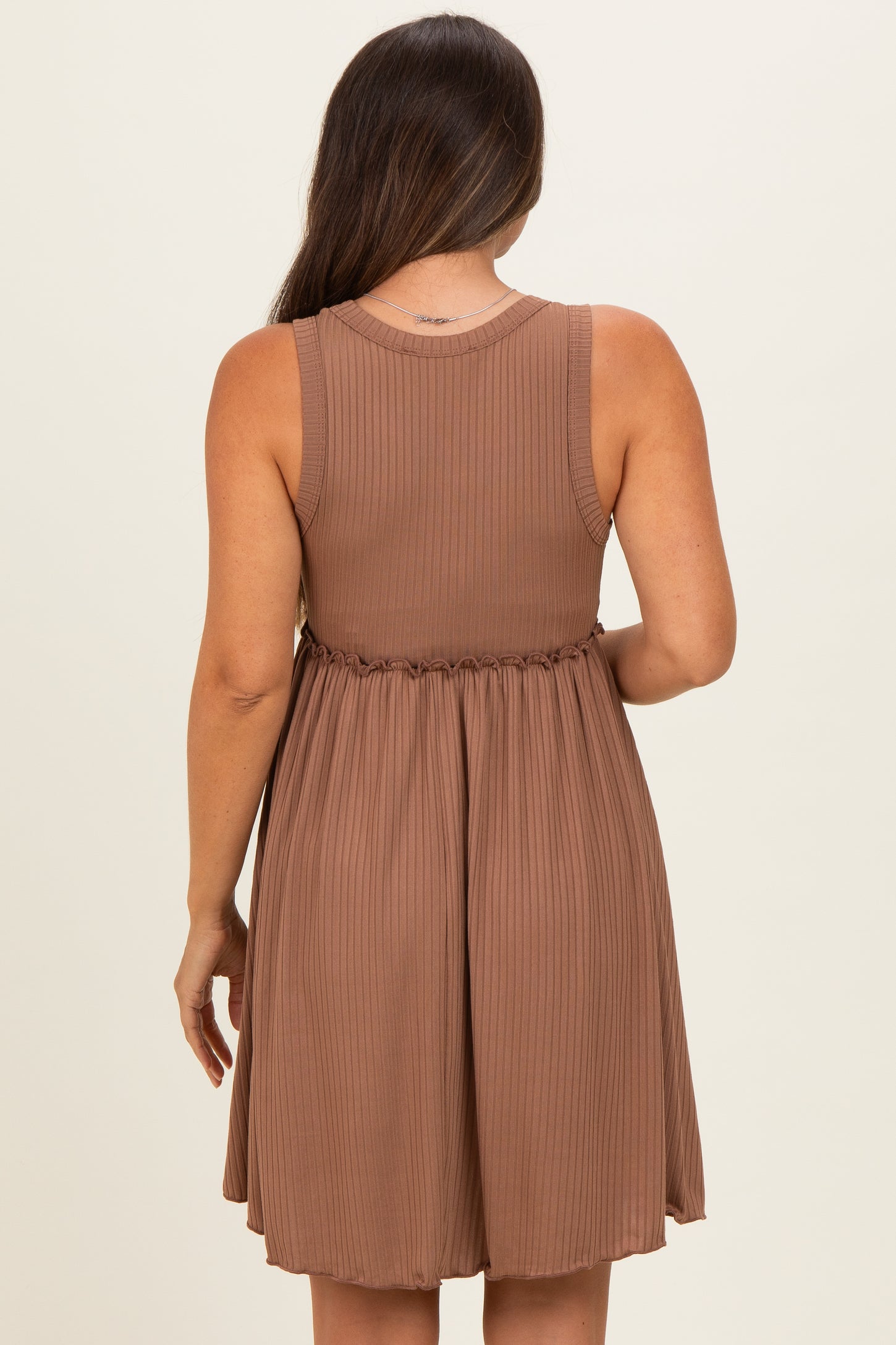 Mocha Ribbed Sleeveless Lettuce Trim Maternity Mini Dress