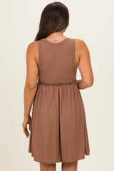 Mocha Ribbed Sleeveless Lettuce Trim Maternity Mini Dress