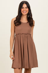 Mocha Ribbed Sleeveless Lettuce Trim Mini Dress