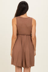 Mocha Ribbed Sleeveless Lettuce Trim Mini Dress