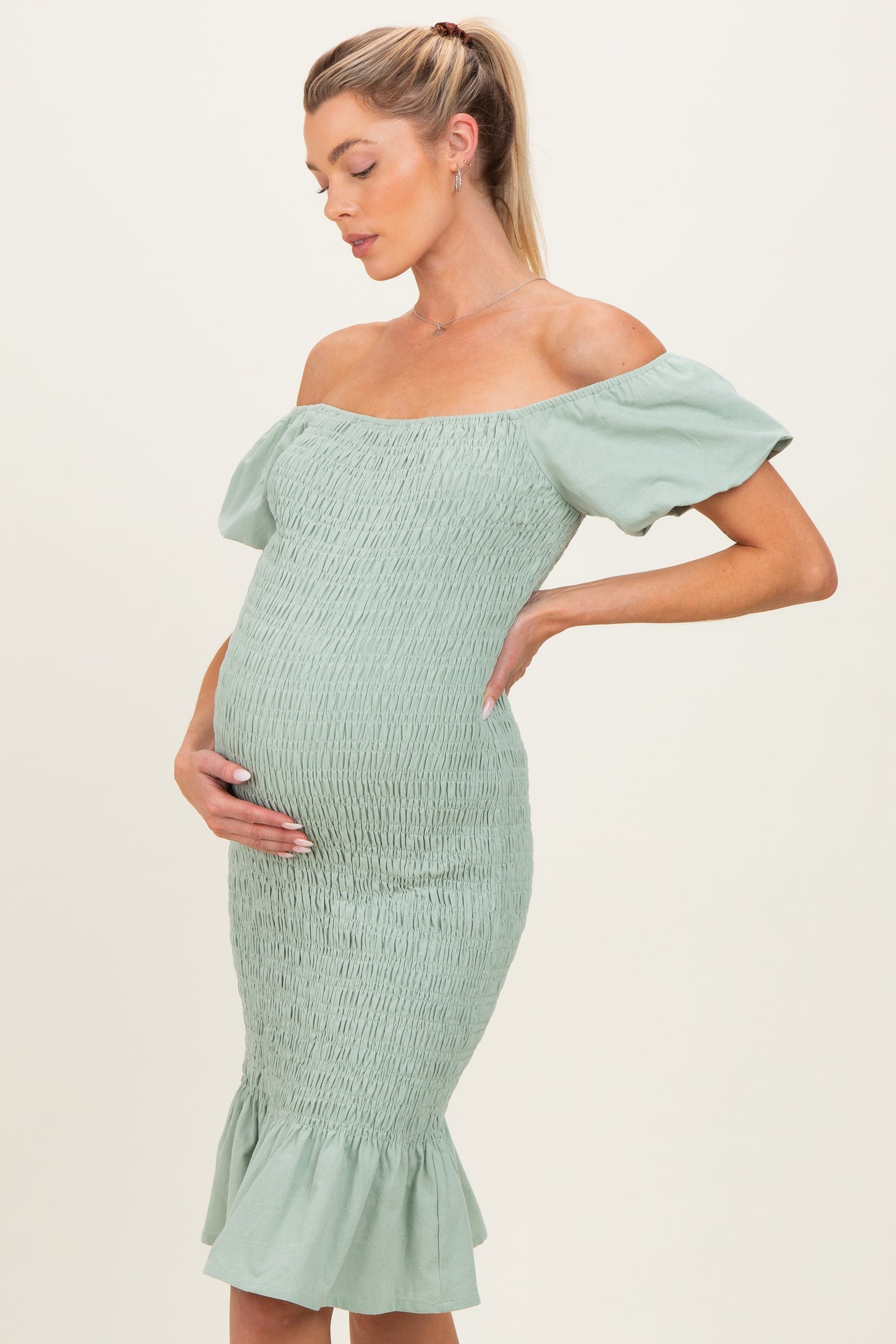 Sage Smocked Off Shoulder Ruffle Hem Maternity Dress