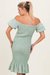 Sage Smocked Off Shoulder Ruffle Hem Maternity Dress