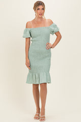 Sage Smocked Off Shoulder Ruffle Hem Dress
