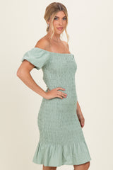 Sage Smocked Off Shoulder Ruffle Hem Dress