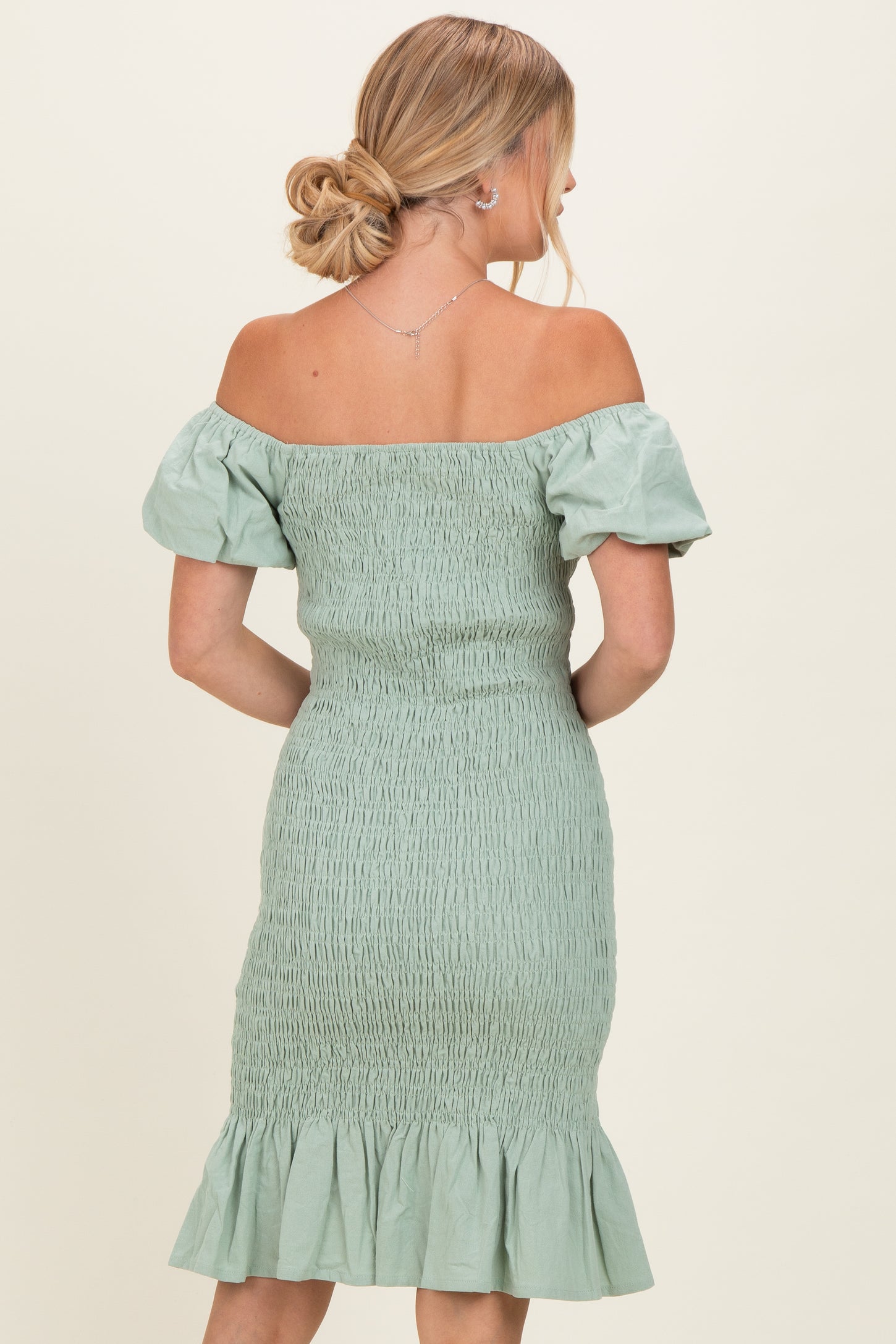 Sage Smocked Off Shoulder Ruffle Hem Dress