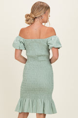 Sage Smocked Off Shoulder Ruffle Hem Dress