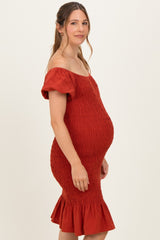 Rust Smocked Off Shoulder Ruffle Hem Maternity Dress