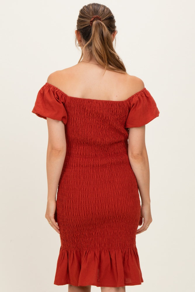 Rust Smocked Off Shoulder Ruffle Hem Maternity Dress